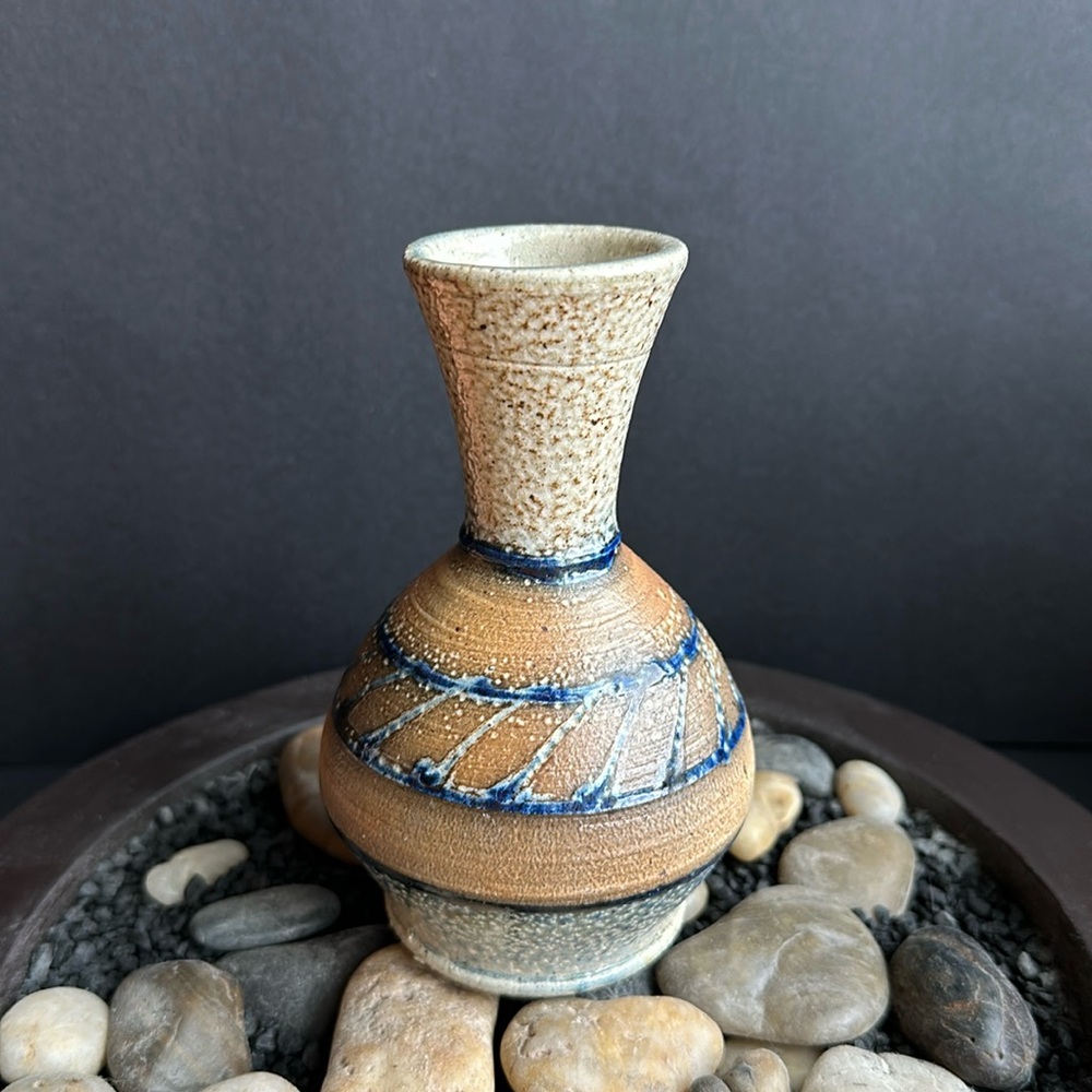 Signed Studio Art Pottery Stoneware Vase Vessel Tan Cobalt Blue Stripes 5”H